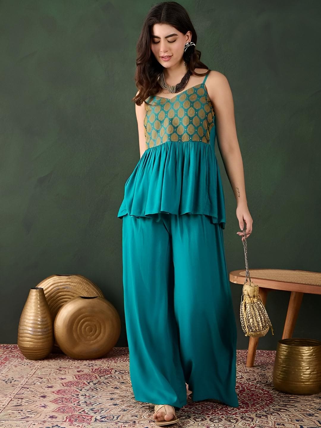 Woven Designed Sleeveless Top With Palazzo Coord for Women, Fusion Festive Outfit, Ethnic Indian Dress, Indo Western Outfit, Kurta Set3 VitansEthnics