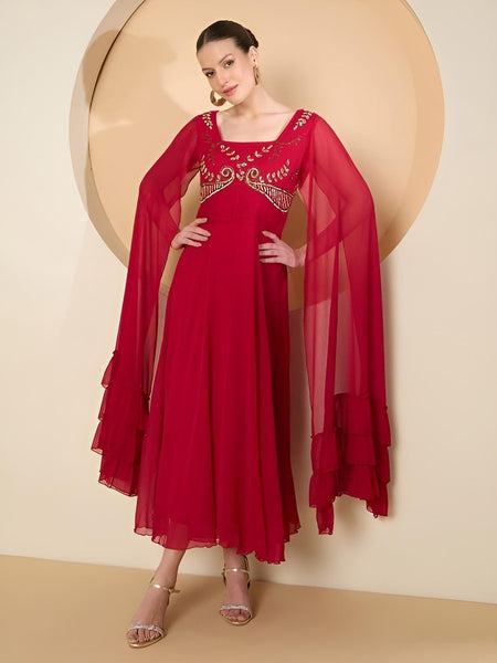 Embellished Long Slit Sleeve Party Wear Maxi Dress XS / Blue Embellished Long Slit Sleeve Party Wear Maxi Dress XS / Blue