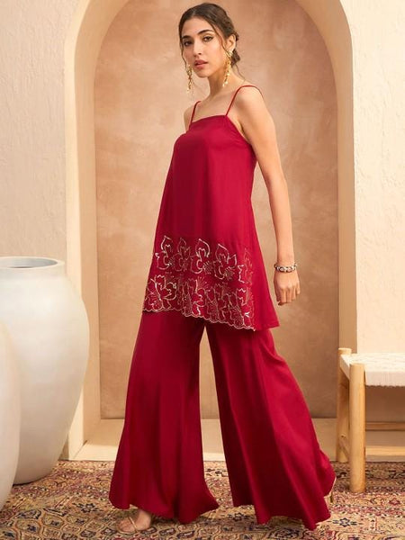 Floral Sequin Embroidered A-Line Kurti with Palazzo For Women, Co-Ords Set, Indo Western Outfit, Ethnic Indian Dress, Fusion Suit Set1 VitansEthnics
