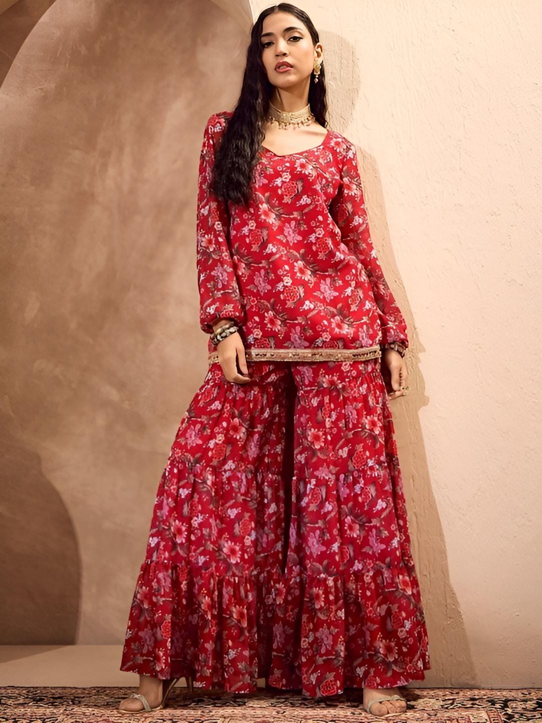 Long Sleeves Floral Printed Kurta with Sharara For Women, Co-Ords Set, Indo Western Outfit, Ethnic Indian Dress, Fusion Kurti Suit Set7 VitansEthnics