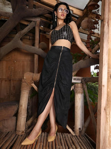 Embellished Crop Top With Draped Skirt Set For Women, Indian Blouse with Slit Skirt, Ethnic Indo Western Outfit, Fusion Wedding Guest Outfit9 VitansEthnics