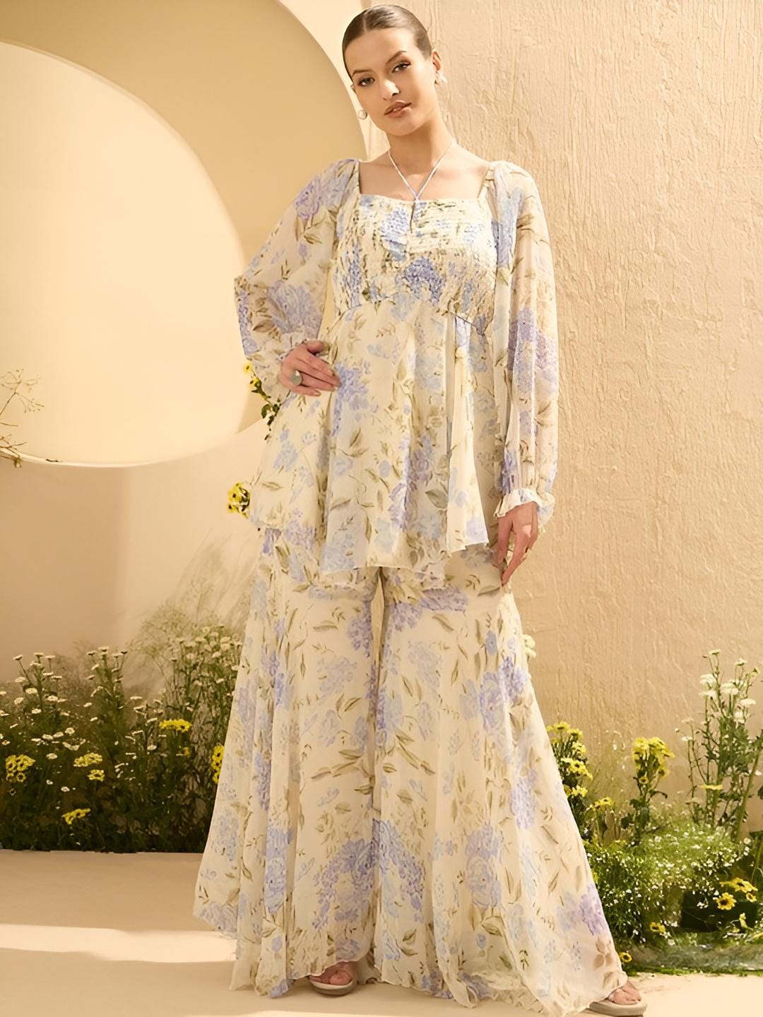 Floral Printed Square Neck Tunic With Palazzo for Women, Coord Set, Festival Outfit, Ethnic Indian Dress, Indo Western Outfit, Kurti Set18 VitansEthnics