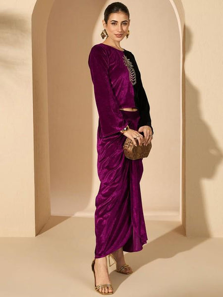Velvet Embellished Top With Drape Skirt Set For Women, Indian Top with Dhoti Skirt Set, Ethnic Indo Western Outfit, Coords Set, Indian Dress9 VitansEthnics