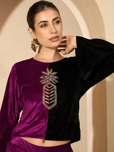 Velvet Embellished Top With Drape Skirt Set For Women, Indian Top with Dhoti Skirt Set, Ethnic Indo Western Outfit, Coords Set, Indian Dress9 VitansEthnics