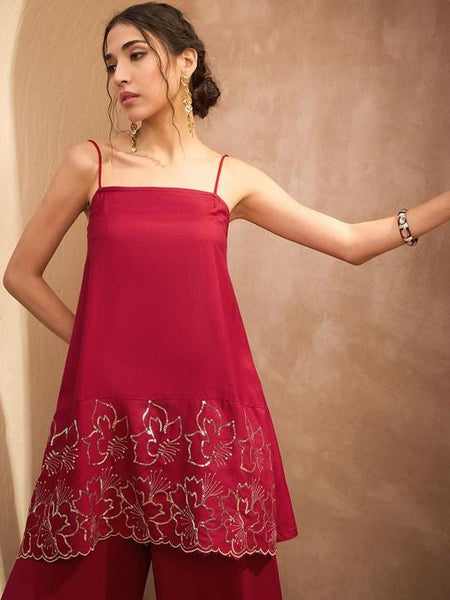 Floral Sequin Embroidered A-Line Kurti with Palazzo For Women, Co-Ords Set, Indo Western Outfit, Ethnic Indian Dress, Fusion Suit Set1 VitansEthnics
