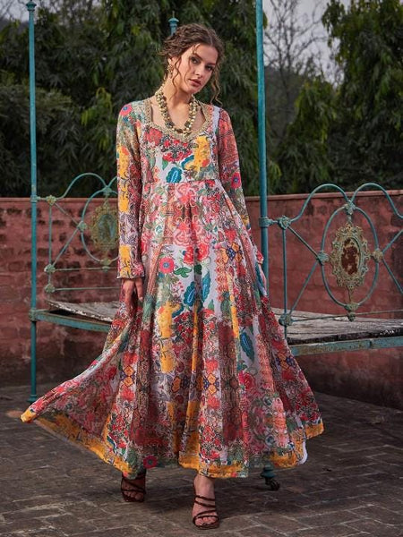15Floral Print Sweetheart Neck Empire Anarkali Kurta For Women, Indian Dress For Women, Indo Western Outfit, Indian Gown, Wedding Guest Outfit VitansEthnics