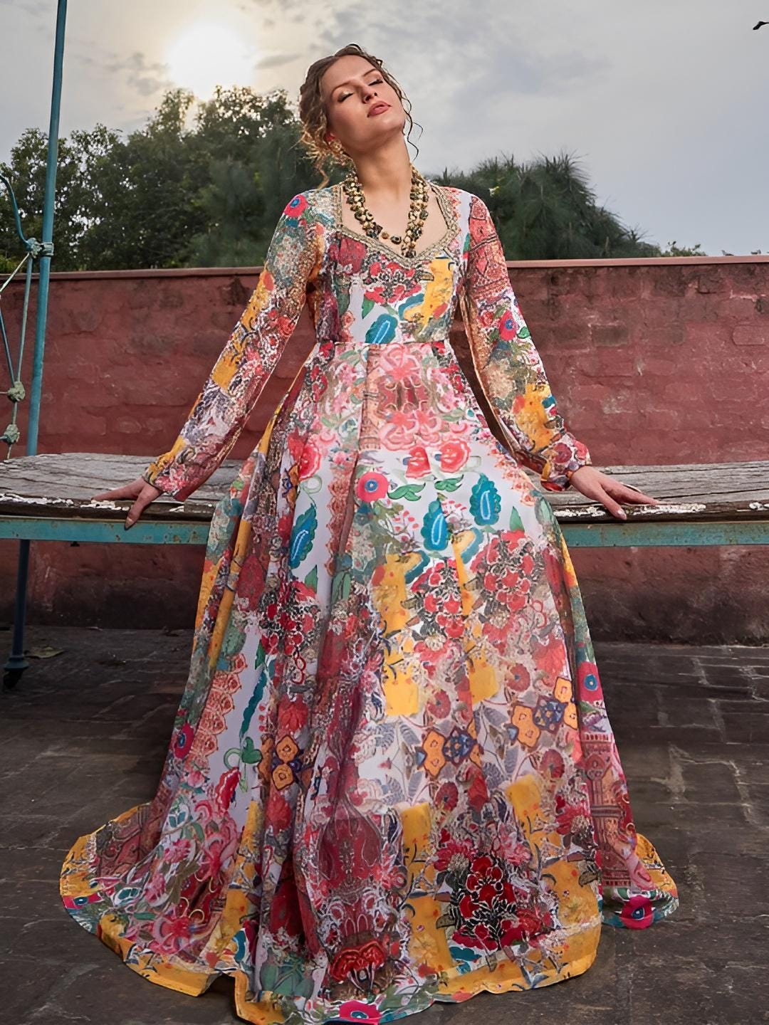 15Floral Print Sweetheart Neck Empire Anarkali Kurta For Women, Indian Dress For Women, Indo Western Outfit, Indian Gown, Wedding Guest Outfit VitansEthnics