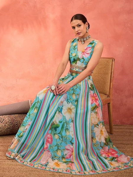 11Floral Printed Crop Top With Skirt For Women, Indian Lehenga Choli, Wedding Guest Outfit, Indian Dress, Indian Gown Party Indo Western Dress VitansEthnics