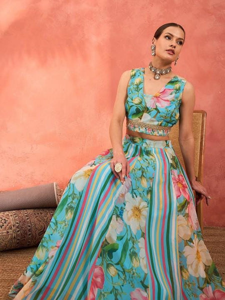 11Floral Printed Crop Top With Skirt For Women, Indian Lehenga Choli, Wedding Guest Outfit, Indian Dress, Indian Gown Party Indo Western Dress VitansEthnics