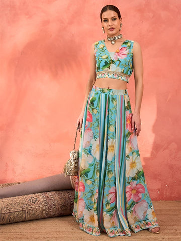 11Floral Printed Crop Top With Skirt For Women, Indian Lehenga Choli, Wedding Guest Outfit, Indian Dress, Indian Gown Party Indo Western Dress VitansEthnics