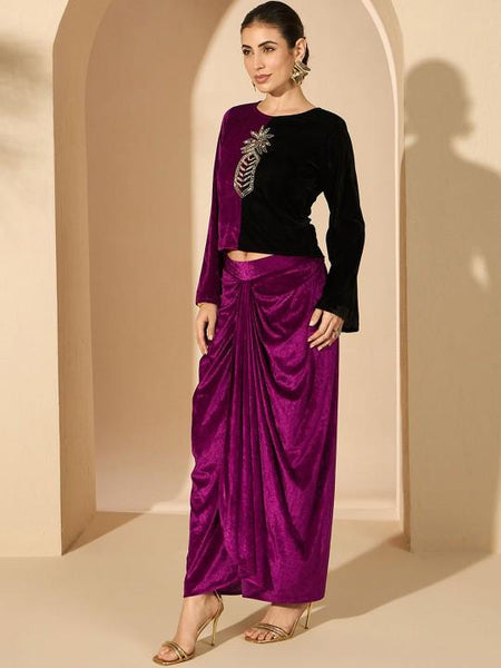 Velvet Embellished Top With Drape Skirt Set For Women, Indian Top with Dhoti Skirt Set, Ethnic Indo Western Outfit, Coords Set, Indian Dress9 VitansEthnics
