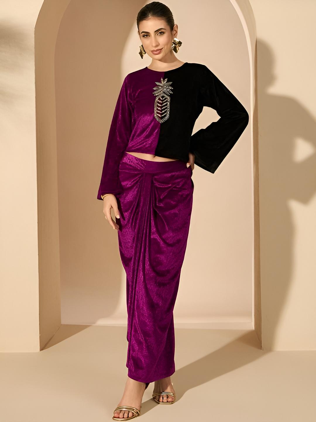 Velvet Embellished Top With Drape Skirt Set For Women, Indian Top with Dhoti Skirt Set, Ethnic Indo Western Outfit, Coords Set, Indian Dress9 VitansEthnics