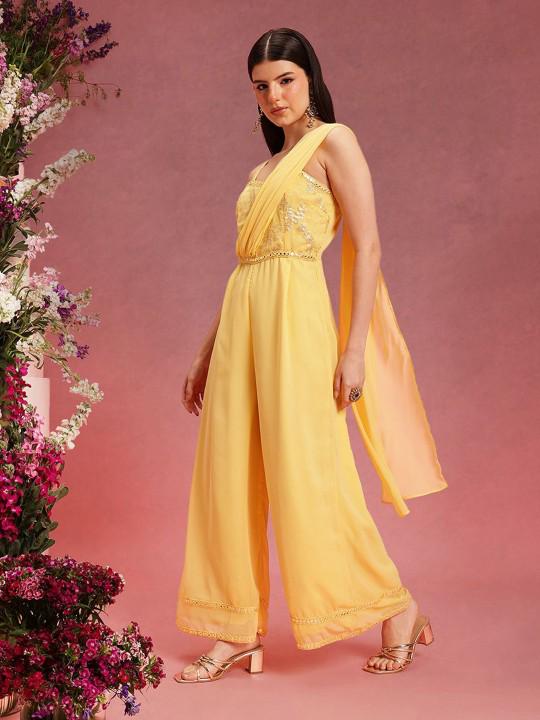 embroidered jumpsuit dress Indian Embroidered Jumpsuit With Attached Dupatta
