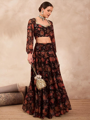 9Floral Printed Crop Top With Skirt For Women, Indian Lehenga Choli, Wedding Guest Outfit, Indian Dress, Indian Gown Party Indo Western Dress VitansEthnics