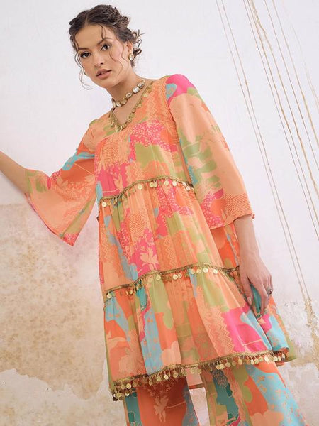 5Printed Sequin Embellished Flared Kurti with Palazzo For Women, Co-Ords Set, Indo Western Outfit, Ethnic Indian Dress, Fusion Suit Set VitansEthnics