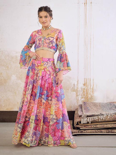 4Floral Printed Crop Top With Skirt For Women, Indian Lehenga Choli, Wedding Guest Outfit, Indian Dress, Indian Gown Party Indo Western Dress VitansEthnics
