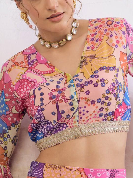 4Floral Printed Crop Top With Skirt For Women, Indian Lehenga Choli, Wedding Guest Outfit, Indian Dress, Indian Gown Party Indo Western Dress VitansEthnics