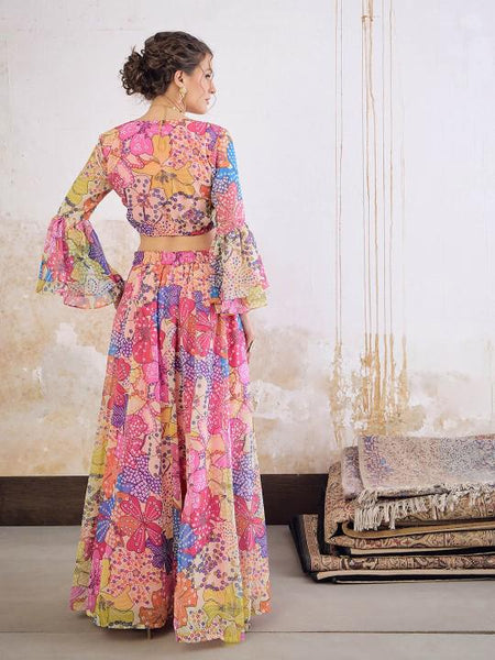4Floral Printed Crop Top With Skirt For Women, Indian Lehenga Choli, Wedding Guest Outfit, Indian Dress, Indian Gown Party Indo Western Dress VitansEthnics