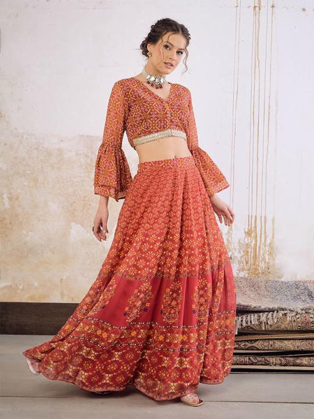 3Ethnic Printed Crop Top With Skirt For Women, Indian Lehenga Choli, Wedding Guest Outfit, Indian Dress, Indian Gown Party Indo Western Dress VitansEthnics