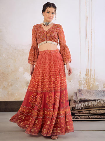 3Ethnic Printed Crop Top With Skirt For Women, Indian Lehenga Choli, Wedding Guest Outfit, Indian Dress, Indian Gown Party Indo Western Dress VitansEthnics