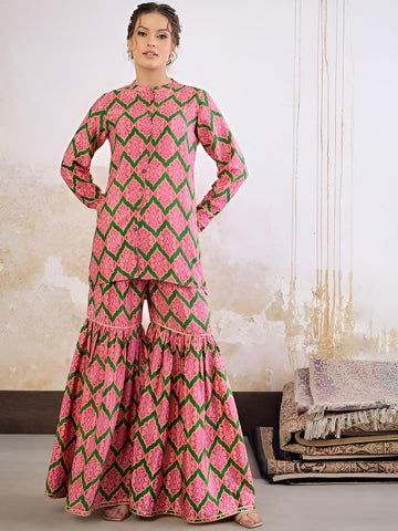 1Long Sleeves Mandarin Collar Kurta with Sharara For Women, Palazzo Kurti Set, Coord Set, Indo Western Outfit, Sharara Suit Kurti Set VitansEthnics