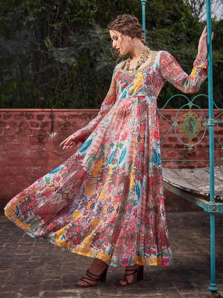 15Floral Print Sweetheart Neck Empire Anarkali Kurta For Women, Indian Dress For Women, Indo Western Outfit, Indian Gown, Wedding Guest Outfit VitansEthnics