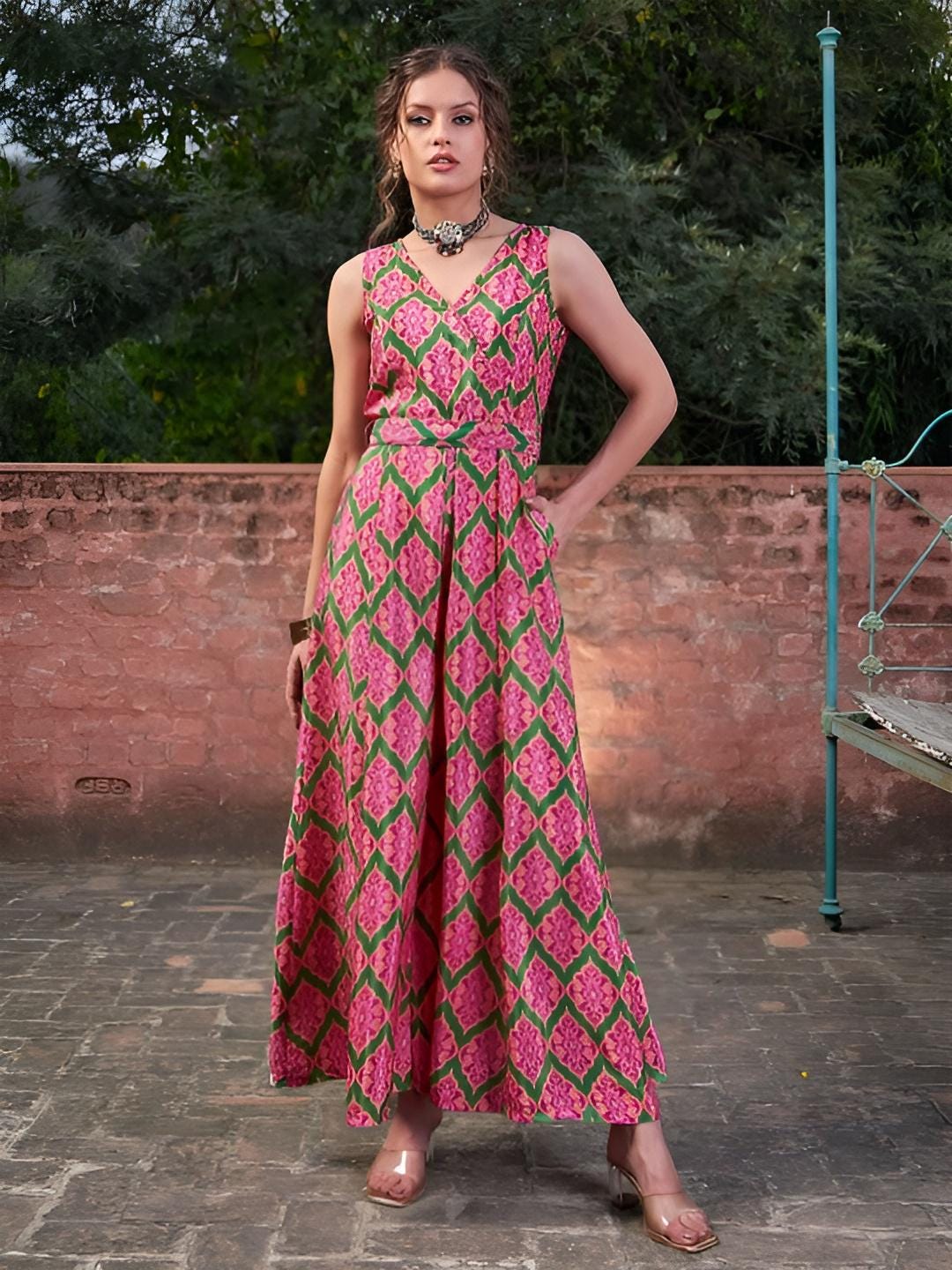 14Ethnic Motifs Printed Sleeveless Jumpsuit For Women, Indian Jumpsuit, Indian One Piece Dress, Indo Western Outfit, Fusion Outfit VitansEthnics