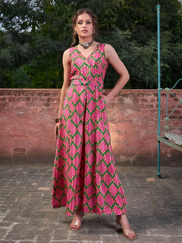 14Ethnic Motifs Printed Sleeveless Jumpsuit For Women, Indian Jumpsuit, Indian One Piece Dress, Indo Western Outfit, Fusion Outfit VitansEthnics