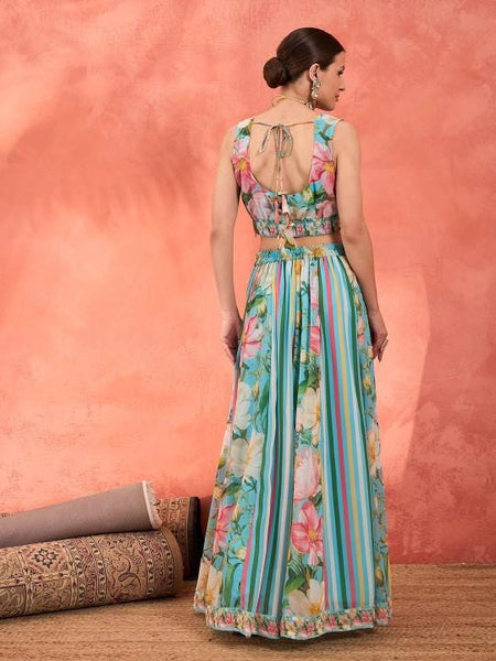 11Floral Printed Crop Top With Skirt For Women, Indian Lehenga Choli, Wedding Guest Outfit, Indian Dress, Indian Gown Party Indo Western Dress VitansEthnics