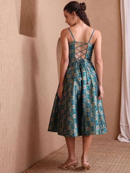 10Ethnic Motifs Jacquard Backless Fit & Flare Midi Dress For Women, Sleeveless Indian Dress, Indo Western Outfit, Fusion Wedding Guest Outfit VitansEthnics