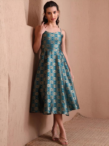 10Ethnic Motifs Jacquard Backless Fit & Flare Midi Dress For Women, Sleeveless Indian Dress, Indo Western Outfit, Fusion Wedding Guest Outfit VitansEthnics
