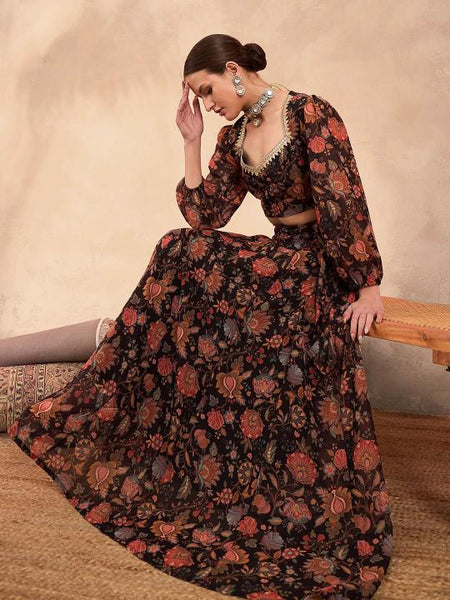 9Floral Printed Crop Top With Skirt For Women, Indian Lehenga Choli, Wedding Guest Outfit, Indian Dress, Indian Gown Party Indo Western Dress VitansEthnics