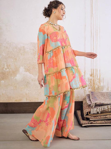 5Printed Sequin Embellished Flared Kurti with Palazzo For Women, Co-Ords Set, Indo Western Outfit, Ethnic Indian Dress, Fusion Suit Set VitansEthnics
