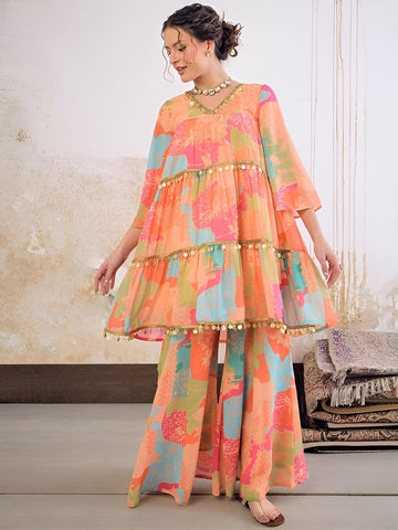 5Printed Sequin Embellished Flared Kurti with Palazzo For Women, Co-Ords Set, Indo Western Outfit, Ethnic Indian Dress, Fusion Suit Set VitansEthnics