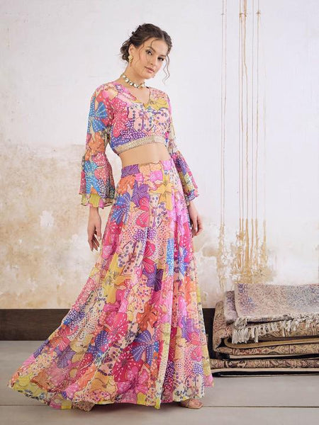 4Floral Printed Crop Top With Skirt For Women, Indian Lehenga Choli, Wedding Guest Outfit, Indian Dress, Indian Gown Party Indo Western Dress VitansEthnics
