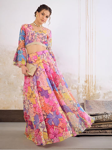 4Floral Printed Crop Top With Skirt For Women, Indian Lehenga Choli, Wedding Guest Outfit, Indian Dress, Indian Gown Party Indo Western Dress VitansEthnics