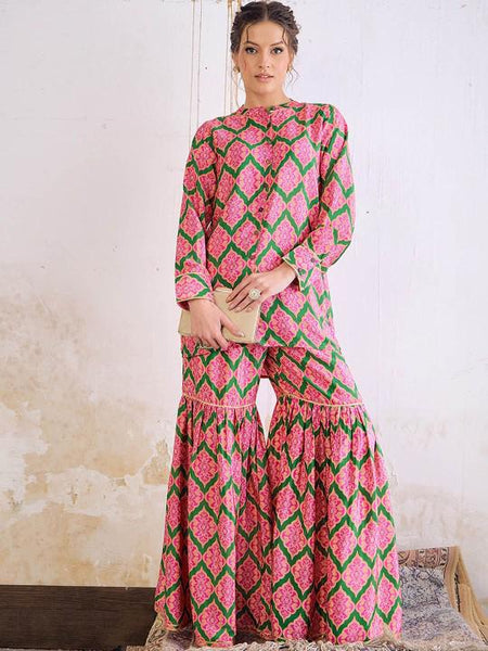 1Long Sleeves Mandarin Collar Kurta with Sharara For Women, Palazzo Kurti Set, Coord Set, Indo Western Outfit, Sharara Suit Kurti Set VitansEthnics