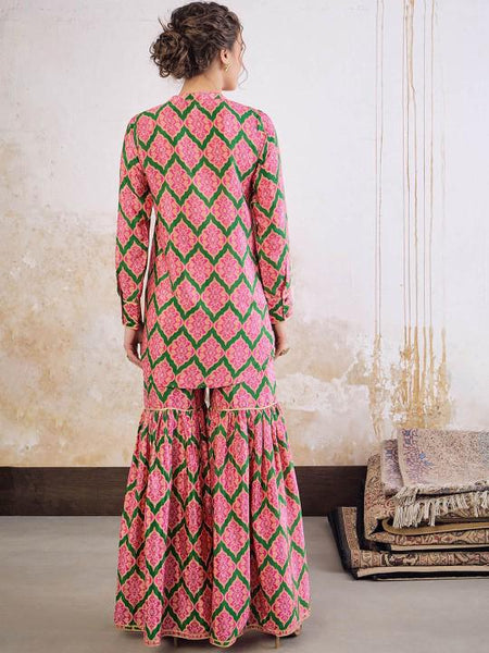 1Long Sleeves Mandarin Collar Kurta with Sharara For Women, Palazzo Kurti Set, Coord Set, Indo Western Outfit, Sharara Suit Kurti Set VitansEthnics