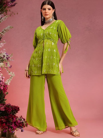 Sequin Embroidered Slit Front Kurti with Palazzo For Women, Co-Ords Set, Wedding Guest Indo Western Outfit, Kurta Set, Indian Suit Set23 VitansEthnics