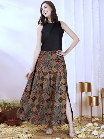Ethnic Printed Crop Top With Slit Skirt For Women, Indian Top with Maxi Skirt Set, Ethnic Indo Western Outfit, Coords Set, Indian Dress24 VitansEthnics