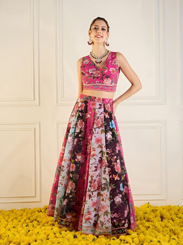 Floral Printed Crop Top With Skirt For Women, Indian Lehenga Choli, Wedding Guest Outfit, Indian Dress, Indian Gown Party Indo Western Dress28 VitansEthnics