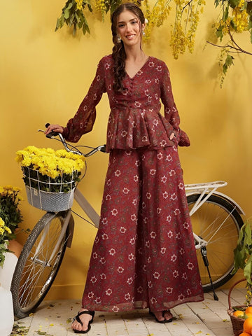 Printed V Neck Peplum Top with Palazzo Coord Set for Women, Boho Chic Coord Set, Ethnic Indian Dress Co-ords, Indo Western Outfit20 VitansEthnics