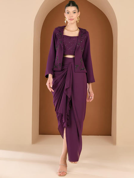 Embellished Crop Top, Draped Skirt With Jacket Set For Women, Wedding Guest Outfit, Ethnic Indo Western Outfit, Fusion Coords Set VitansEthnics