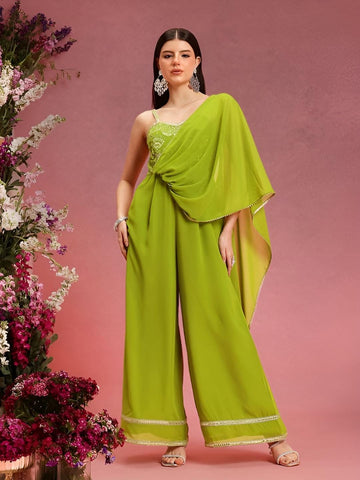 Embroidered Jumpsuit With Attached Dupatta For Women, Indian Jumpsuit, Indian One Piece Dress, Indo Western Outfit, Wedding Guest Outfit16 VitansEthnics