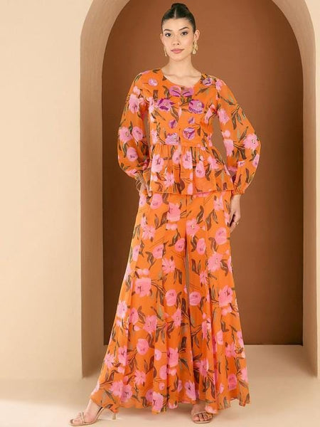 Floral Printed & Embellished Top With Palazzo Co-Ord Set For Women, Top with Palazzo, Indowestern Outfit, Indian Dress, Wedding Guest Outfit4 VitansEthnics