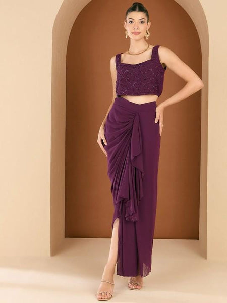 Embellished Crop Top, Draped Skirt With Jacket Set For Women, Wedding Guest Outfit, Ethnic Indo Western Outfit, Fusion Coords Set VitansEthnics