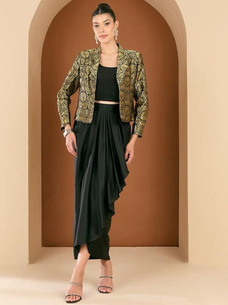 2-Pcs Noctched Lapel Collar Jacket & Skirt Set For Women, Wedding Guest Outfit, Ethnic Indo Western Outfit, Fusion Coord Set5 VitansEthnics