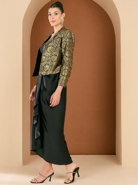 2-Pcs Noctched Lapel Collar Jacket & Skirt Set For Women, Wedding Guest Outfit, Ethnic Indo Western Outfit, Fusion Coord Set5 VitansEthnics