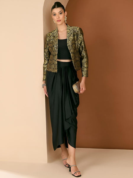 2-Pcs Noctched Lapel Collar Jacket & Skirt Set For Women, Wedding Guest Outfit, Ethnic Indo Western Outfit, Fusion Coord Set5 VitansEthnics