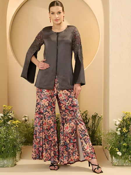 Embellished & Printed Satin Jacket With Palazzo Set For Women, Wedding Guest Outfit, Ethnic Indo Western Fusion Outfit, Co-ords Set3 VitansEthnics